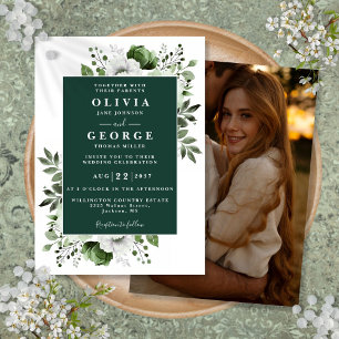 Invitation Emerald Green Elegant Floral Photo Mariage