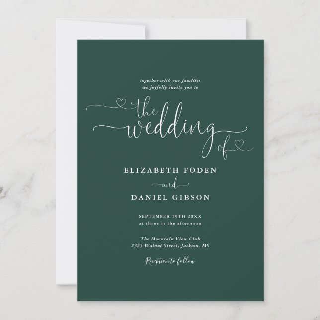 Invitation Emerald Green Elegant Hearts Calligraphie Mariage (Devant)
