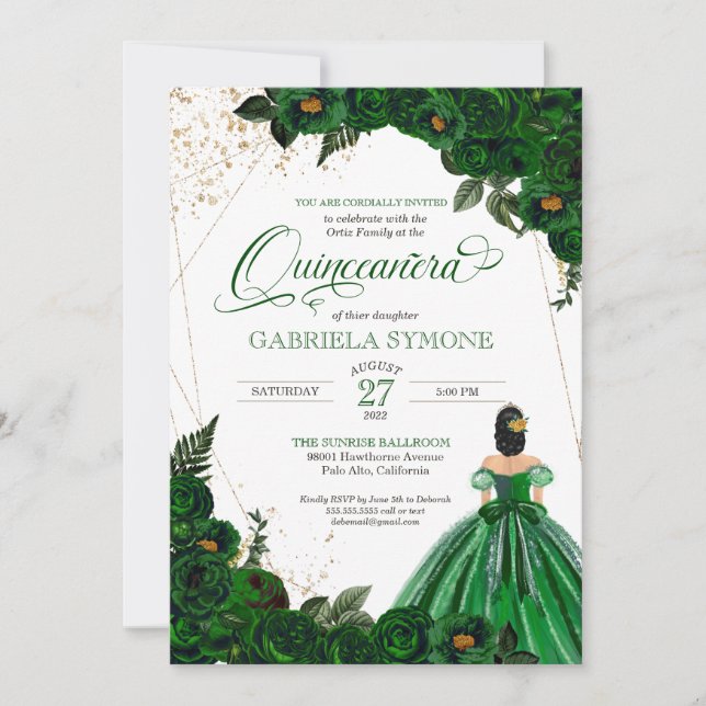 Invitation Emerald Green Elegant Roses et Gown Quinceanera I (Devant)
