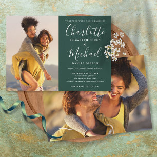 Invitation Emerald Green Élégant Script Photos Mariage