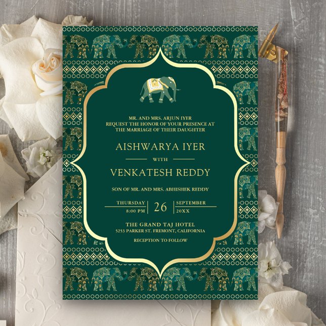 Invitation Emerald Green Elephant en un seul Mariage indien (Créateur téléchargé)