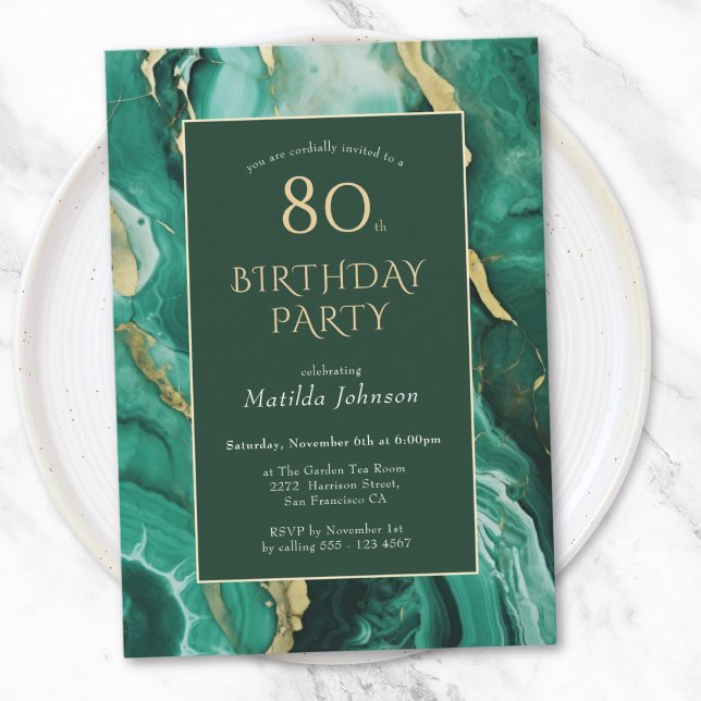 Invitation Emerald Green et Gold Agate 80e anniversaire (Emerald Green and Gold Agate 80th Birthday Invitation)