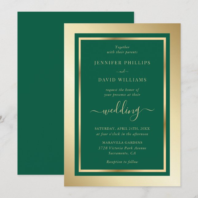 Invitation Emerald Green et Gold Elegant Script Mariage (Devant / Derrière)