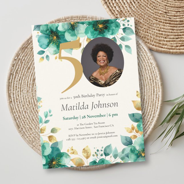 Invitation Emerald Green et Gold Floral 50e anniversaire (Emerald Green and Gold Floral 50th Birthday Invitation)