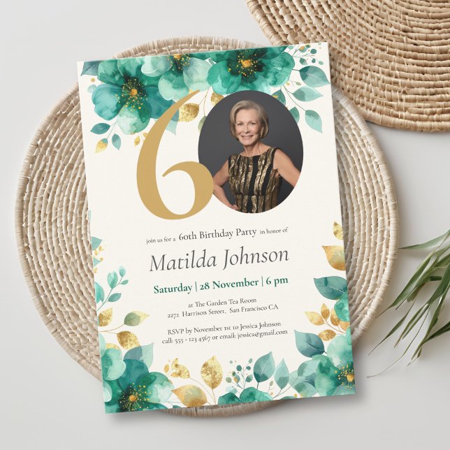 Invitation Emerald Green et Gold Floral 60e anniversaire (Emerald Green and Gold Floral 60th Birthday Invitation)
