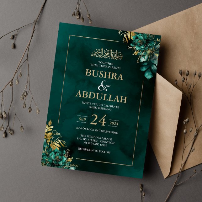 Invitation Emerald Green et Gold Floral Mariage islamique (Créateur téléchargé)