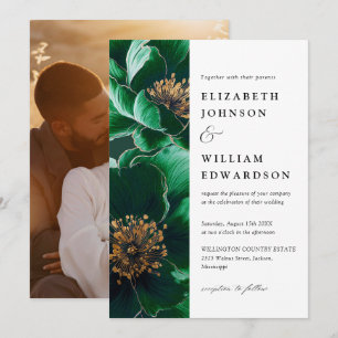 Invitation Emerald Green Et Gold Modern Floral Photo Mariage