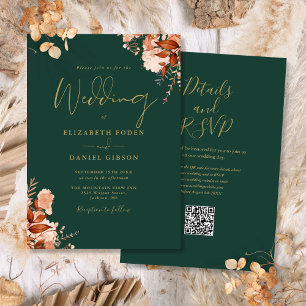 Invitation Emerald Green Et Gold QR Code Mariage de automne