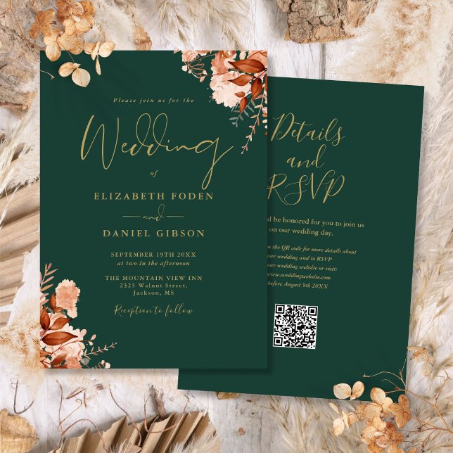 Invitation Emerald Green Et Gold QR Code Mariage de automne (Emerald Green And Gold QR Code Fall Wedding Invitation)
