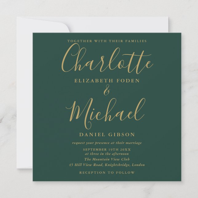 Invitation Emerald Green et Mariage de script Gold (Devant)