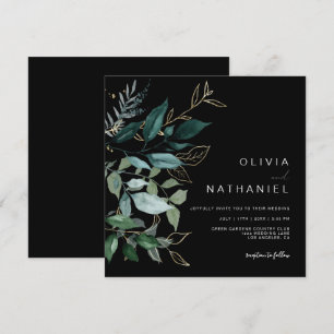 Invitation Emerald Green Feuilles d'or Feuillage Mariage fonc