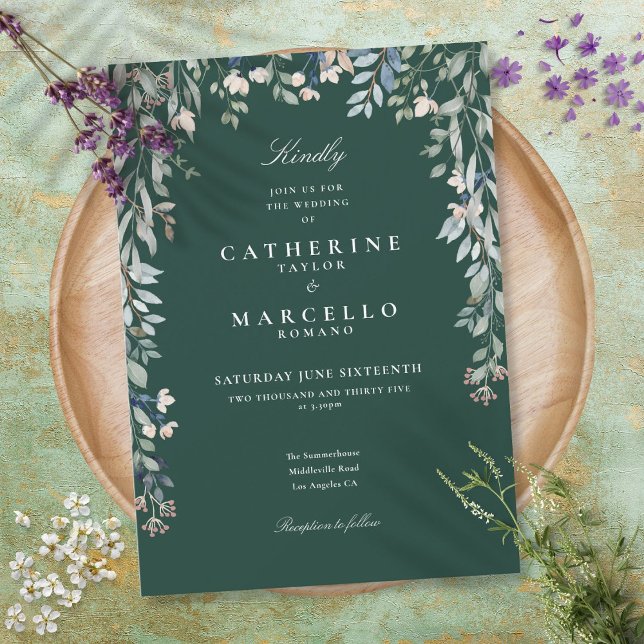 Invitation Emerald Green Fleur sauvage Floral Greenery Mariag (Emerald Green Wildflowers Floral Greenery Wedding Invitation)