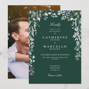 Invitation Emerald Green Fleurs sauvages Floral Photo Mariage