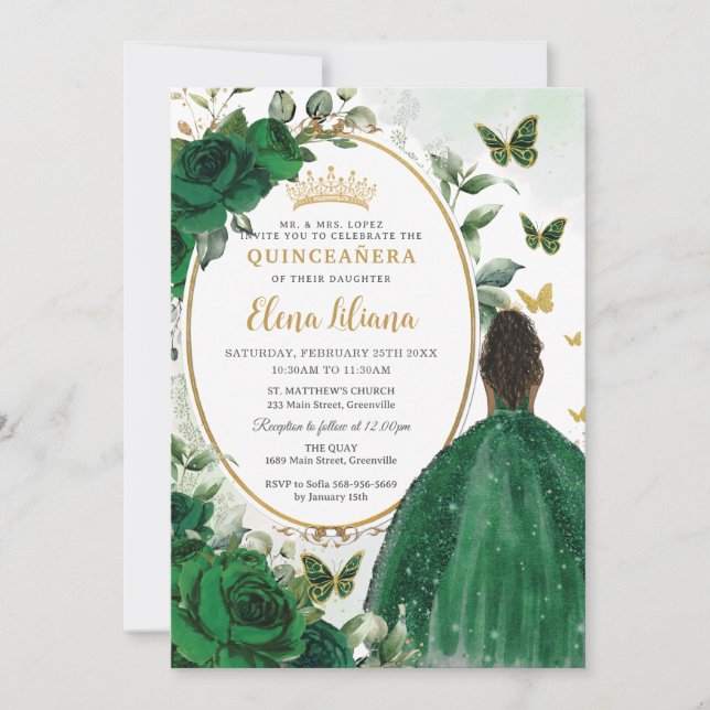 Invitation Emerald Green Floral Brown Princesse Quinceañera (Devant)