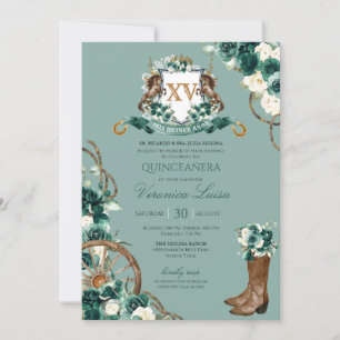 Invitation Emerald Green Floral Crest Charro Quinceanera Invi