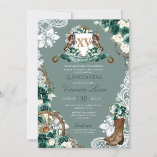 Invitation Emerald Green Floral Crest Charro Quinceanera Invi