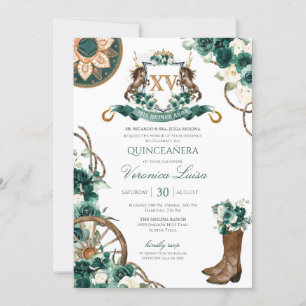 Invitation Emerald Green Floral Crest Charro Quinceanera Invi