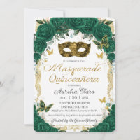 Emerald Green Floral Gold Masquerade Quinceañera