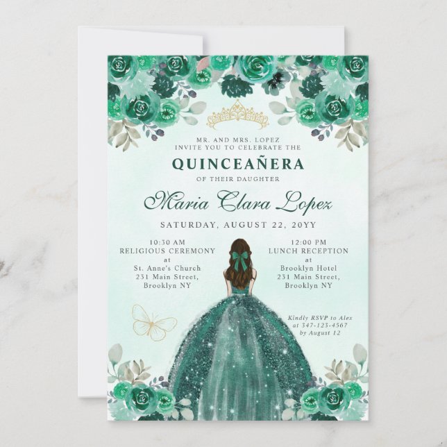 Invitation Emerald Green Floral Princess Quinceañera (Devant)