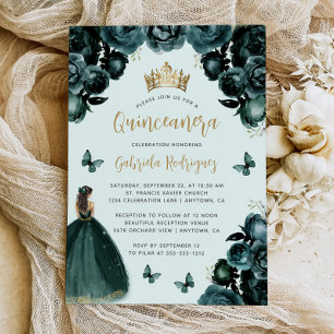 Invitation Emerald Green Floral Princess Quinceañera