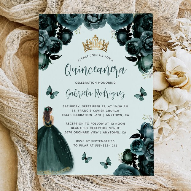 Invitation Emerald Green Floral Princess Quinceañera (Créateur téléchargé)