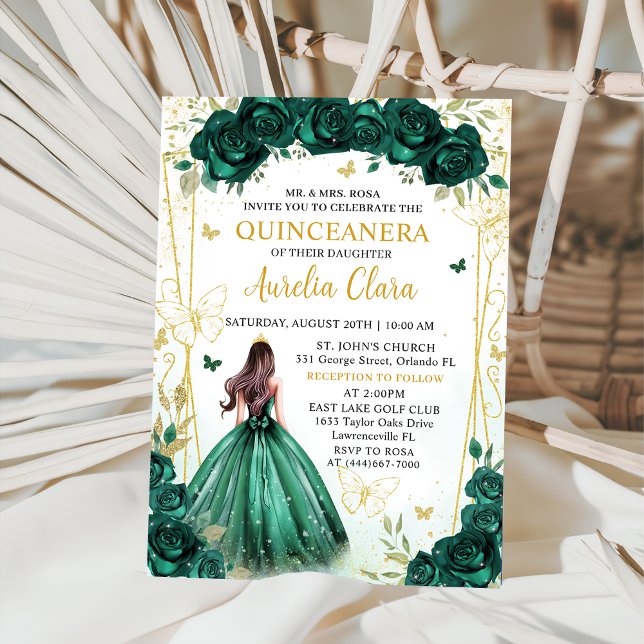 Invitation Emerald Green Floral Princess Quinceañera (Créateur téléchargé)