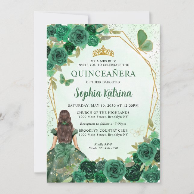 Invitation Emerald Green Floral Princess Quinceañera (Devant)
