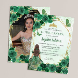 Invitation Emerald Green Floral Princess Quinceañera Photo