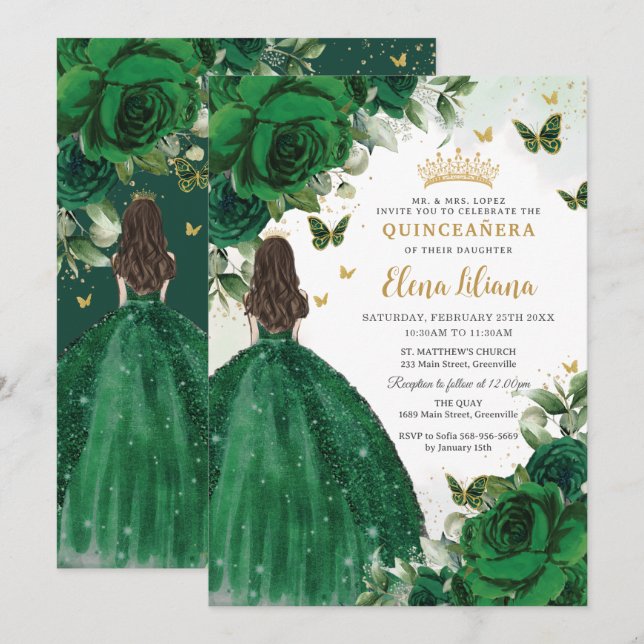 Invitation Emerald Green Floral Princess Quinceañera Sweet 16 (Devant / Derrière)