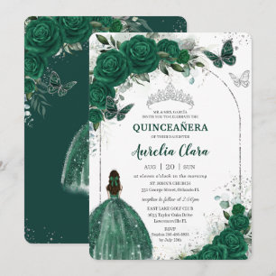 Invitation Emerald Green Floral Princess Silver Quinceañera