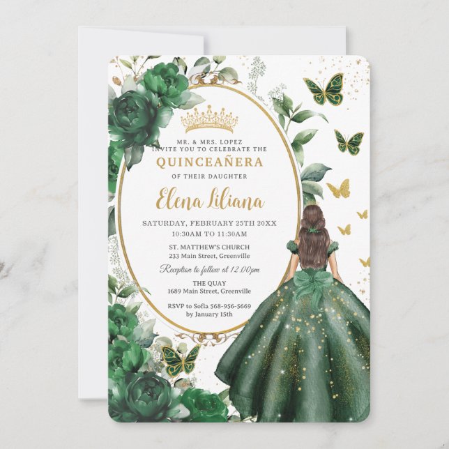Invitation Emerald Green Floral Princesse Gown Quinceañera (Devant)