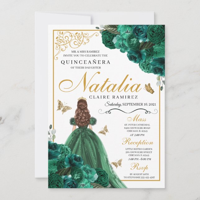 Invitation Emerald Green Floral Quinceanera Anniversaire (Devant)
