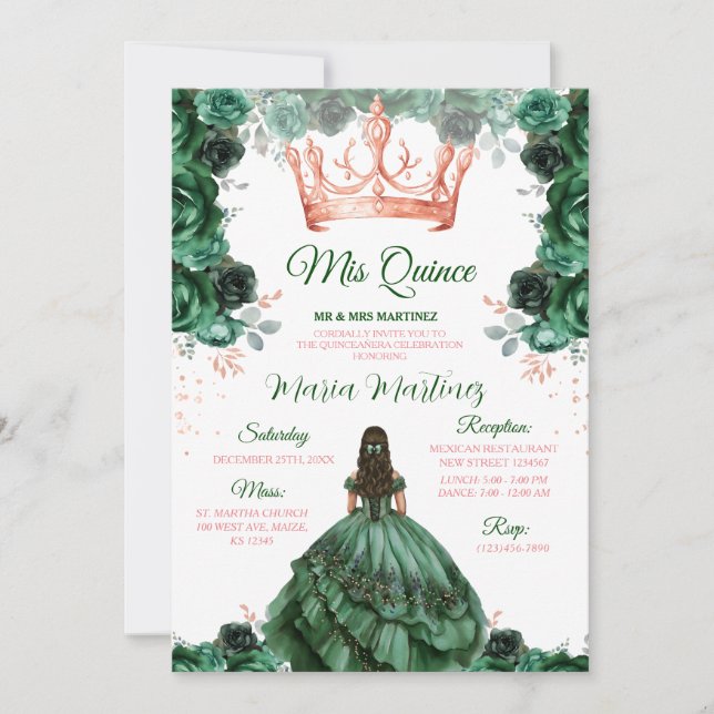 Invitation Emerald Green Floral Rose Gold Crown Mis Quince (Devant)