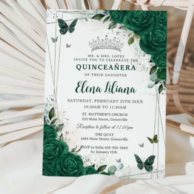 Invitation Emerald Green Floral Silver Quinceañera Sweet 16 (Créateur téléchargé)