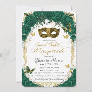 Invitation Emerald Green Floral Sweet sixteen d'or Masquerade