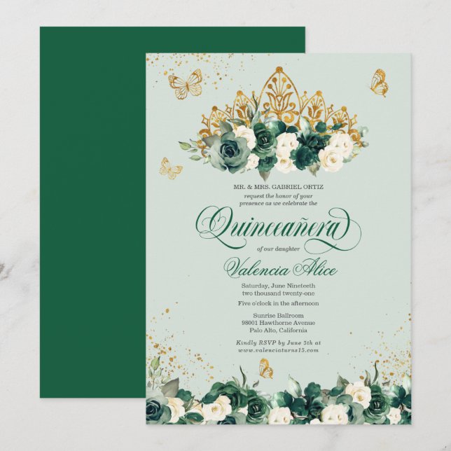 Invitation Emerald Green Floral Tiara + Butterfly Quinceanera (Devant / Derrière)
