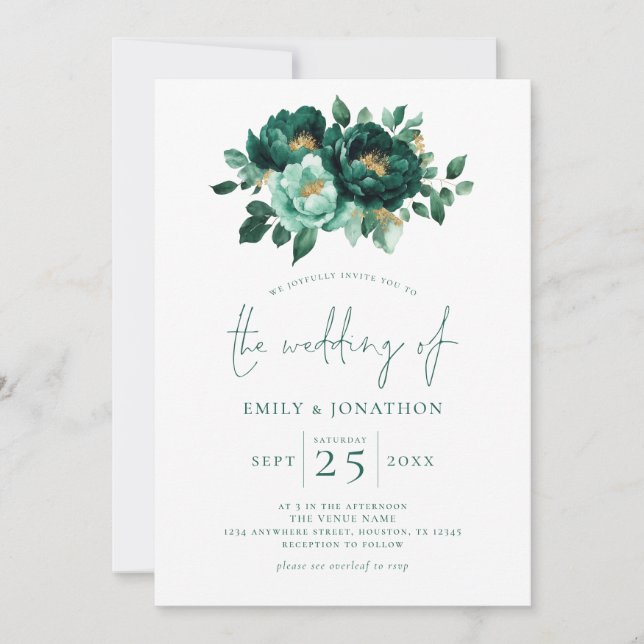 Invitation Emerald Green Florals or QR Code Mariage (Devant)