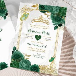 Invitation Emerald Green Flowers Gold Royal Quinceañera