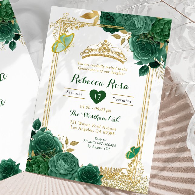 Invitation Emerald Green Flowers Gold Royal Quinceañera (Créateur téléchargé)