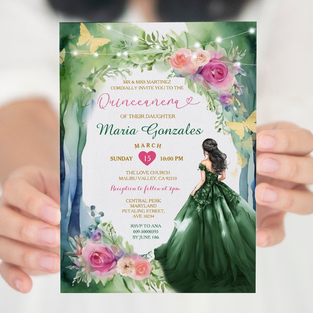 Invitation Emerald Green Forest Robe rose Floral Quinceañera (Créateur téléchargé)