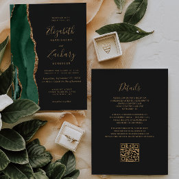 Invitation Emerald Green Gold Agate Ardoise QR Code Mariage