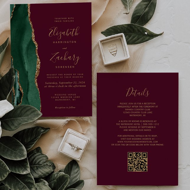 Invitation Emerald Green Gold Agate Bourgogne Code QR Mariage (Créateur téléchargé)