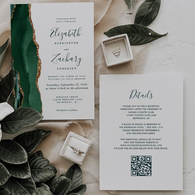 Invitation Emerald Green Gold Agate Script QR Code Mariage (Créateur téléchargé)
