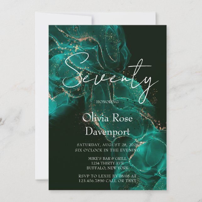 Invitation Emerald Green Gold Alcohol Ink 70th Birthday Party (Devant)