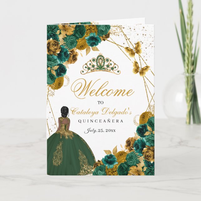 Invitation Emerald Green & Gold Butterfly Quinceanera Program (Devant)