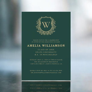 Invitation Emerald Green Gold Crest Monogram Graduation Party