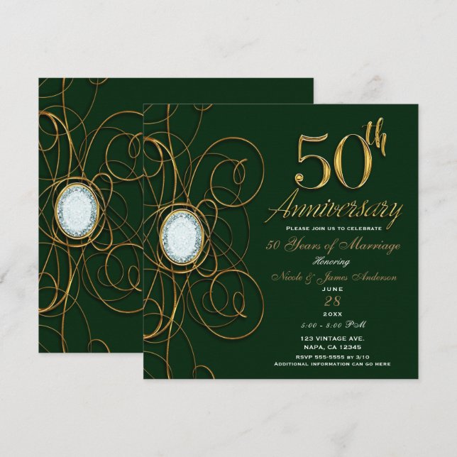 Invitation Emerald Green & Gold Diamond 50 50e anniversaire (Devant / Derrière)