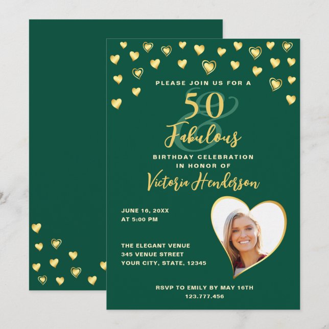 Invitation Emerald Green & Gold Elegant 50e anniversaire (Devant / Derrière)