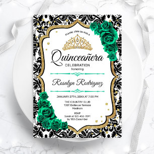 Invitation Emerald Green Gold Elegant Damask Quinceanera