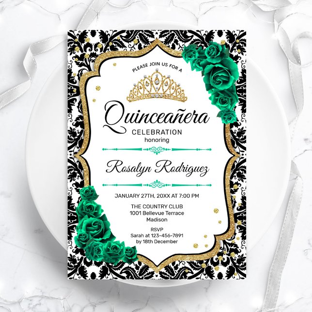 Invitation Emerald Green Gold Elegant Damask Quinceanera (Créateur téléchargé)